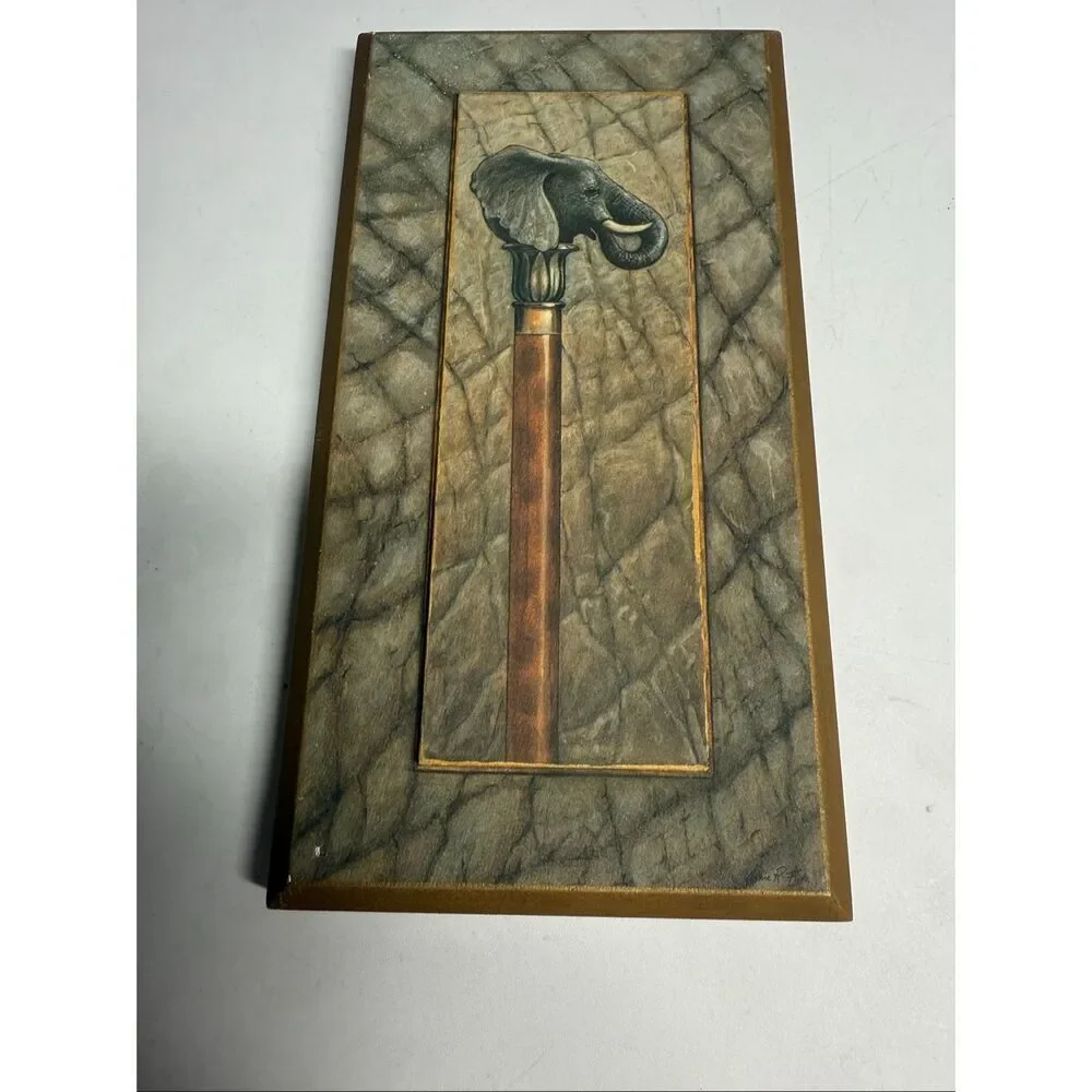 Vintage Arts Arnie Fisk Elephant Print Wooden Plaque 9,5” X 5” See Description